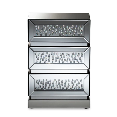 Sabrina Hollywood Regency Glamour Style Mirrored 3 - Drawer Nightstand - Baxton Studio 2 Sabrina Hollywood Regency Glamour Style Mirrored 3 - Drawer Nightstand - Baxton Studio - Image 2