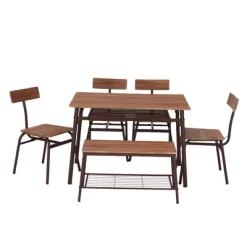 JOMEED 6 Piece Industrial Style Stainless Metal Frame Kitchen Dining Room Table, Chairs, & Bench Furniture Set With Storage, Brown