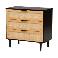 Maureen Wood And Rattan 3 Drawer Dresser Espresso/Natural Brown - Baxton Studio