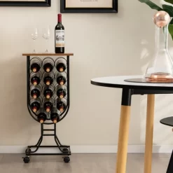 Costway 14 Bottles Wine Rack Console Table Freestanding Wine Storage With Woodtop & Wheels -Cozy Living Deals Store GUEST 5e087852 cef3 4879 a309 484cd8ae0145