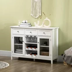 HOMCOM Glass Door Kitchen Sideboard, Buffet Cabinet With 6-Bottle Wine Rack And Stemware Racks, Coffee Bar For Living Room, Dining Room, White