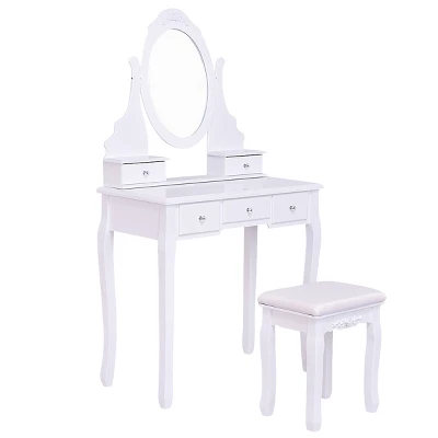 Tangkula Oval Vanity Mirror Dressing Table Beauty Dresser Cosmetics Organizer W/ Cushioned Bench 7 Tangkula Oval Vanity Mirror Dressing Table Beauty Dresser Cosmetics Organizer W/ Cushioned Bench - Image 7