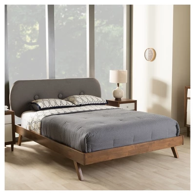 Penelope Mid-Century Modern Solid Wood And Fabric Upholstered Platform Bed Gray/Walnut Brown - Baxton Studio 5 Penelope Mid-Century Modern Solid Wood And Fabric Upholstered Platform Bed Gray/Walnut Brown - Baxton Studio - Image 5