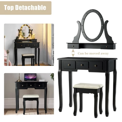 Costway Vanity Set Makeup Dressing Table W/5 Drawers 12 LED Bulb Black 6 Costway Vanity Set Makeup Dressing Table W/5 Drawers 12 LED Bulb Black - Image 6