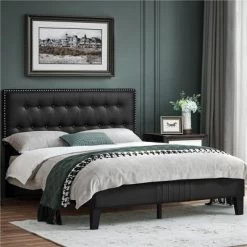 Yaheetech Upholstered Bed Frame With Button-Tufted Headboard