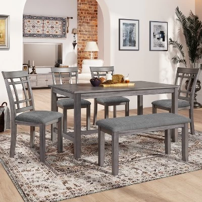 6-Piece Farmhouse Rustic Wooden Dining Table Set With 4 Chairs And Bench, Antique Gray - ModernLuxe 1 6-Piece Farmhouse Rustic Wooden Dining Table Set With 4 Chairs And Bench, Antique Gray - ModernLuxe