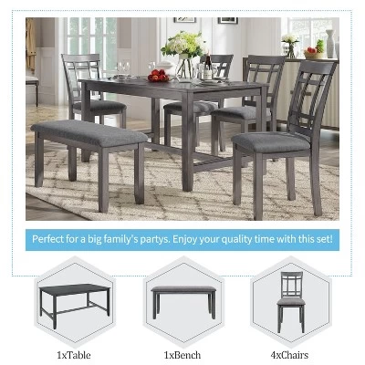 6-Piece Farmhouse Rustic Wooden Dining Table Set With 4 Chairs And Bench, Antique Gray - ModernLuxe 3 6-Piece Farmhouse Rustic Wooden Dining Table Set With 4 Chairs And Bench, Antique Gray - ModernLuxe - Image 3