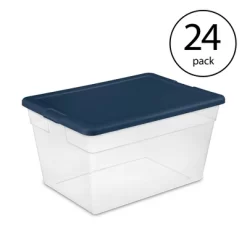 Sterilite Stackable 56 Quart Clear Home Storage Box With Handles And Marine Blue Lid For Efficient, Space Saving Storage And Organization (24 Pack)