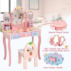 Costway Kids Vanity Princess Makeup Dressing Table Chair Set W/ Tri-fold Mirror Pink -Cozy Living Deals Store GUEST 6c6e5203 8577 4ba8 a462 5f1baaefc94a