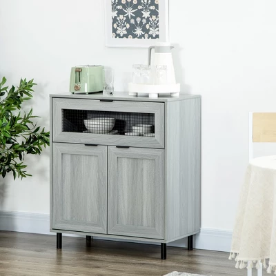 HOMCOM Industrial Buffet Cabinet, Kitchen Sideboard With Metal Grid Flip Drawer, 2-Tier Cabinet, Adjustable Shelf For Living Room, Dining Room, Gray 2 HOMCOM Industrial Buffet Cabinet, Kitchen Sideboard With Metal Grid Flip Drawer, 2-Tier Cabinet, Adjustable Shelf For Living Room, Dining Room, Gray - Image 2