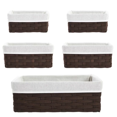 Juvale 5-Pcs Brown Small Rectangular Woven Nesting Baskets, Lined Wicker Set For Organizing Closet, Kitchen, Pantry Shelves, Bathroom (3 Sizes) 6 Juvale 5-Pcs Brown Small Rectangular Woven Nesting Baskets, Lined Wicker Set For Organizing Closet, Kitchen, Pantry Shelves, Bathroom (3 Sizes) - Image 6