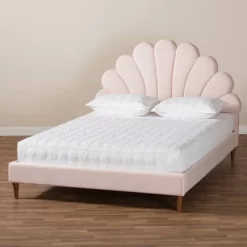 Queen Odille Velvet Seashell Shaped Platform Bed Light Pink/Walnut - Baxton Studio -Cozy Living Deals Store GUEST 6fadb659 0c21 4e77 b6fe 8a8c70a80a78