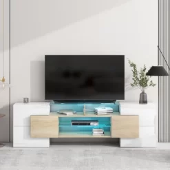 Versatile TV Stand For TVs Up To 80" With 2 Lighted Glass Shelves And LED Color Changing Lights - ModernLuxe