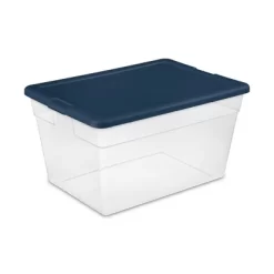 Sterilite Stackable 56 Quart Clear Home Storage Box With Handles And Marine Blue Lid For Efficient, Space Saving Storage And Organization (8 Pack)