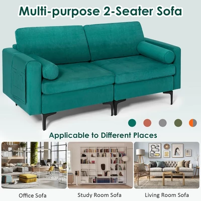 Costway Modern Loveseat 2-Seat Sofa Couch W/ 2 Bolsters Side Storage Pocket Teal 4 Costway Modern Loveseat 2-Seat Sofa Couch W/ 2 Bolsters Side Storage Pocket Teal - Image 4