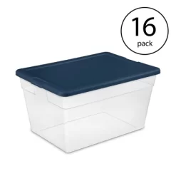 Sterilite Stackable 56 Quart Clear Home Storage Box With Handles And Marine Blue Lid For Efficient, Space Saving Storage And Organization (16 Pack)