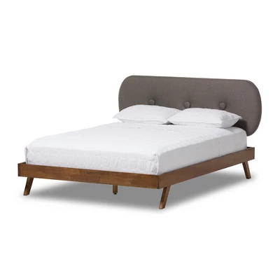 Penelope Mid-Century Modern Solid Wood And Fabric Upholstered Platform Bed Gray/Walnut Brown - Baxton Studio 6 Penelope Mid-Century Modern Solid Wood And Fabric Upholstered Platform Bed Gray/Walnut Brown - Baxton Studio - Image 6