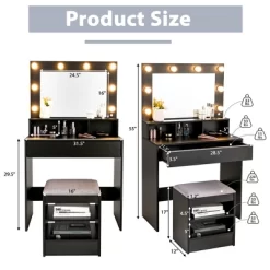 Costway Vanity Table Set With Lighted Mirror 8 LED Bulbs Large Drawer Cushion Stool
