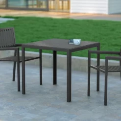 Emma And Oliver Modern Weather And Rust Resistant Black Steel Patio Table With Black Slatted Polyresin Top For Indoor And Outdoor Use
