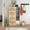 Arina 63.9'' H X 37'' W X 9.45'' D Farmhouse Natural Rattan Shoe Cabinet For 16 Pairs Design Mirror With 4 Flip Down Drawers - The Pop Maison