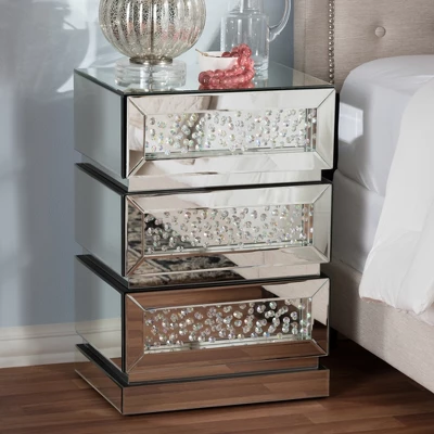Sabrina Hollywood Regency Glamour Style Mirrored 3 - Drawer Nightstand - Baxton Studio 5 Sabrina Hollywood Regency Glamour Style Mirrored 3 - Drawer Nightstand - Baxton Studio - Image 5