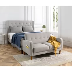 Adair Mid Century Modern Loveseat With Armrest Pockets Tufted Linen Fabric Light Gray - Mellow -Cozy Living Deals Store GUEST 82064f87 ea2d 434d b719 8bece817e48b