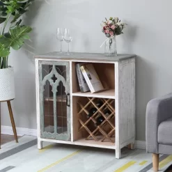 LuxenHome Distressed White And Gray Wood 1-Door Storage Wine Cabinet -Cozy Living Deals Store GUEST 847197c5 d326 4e72 bfe0 fc43289f5d62