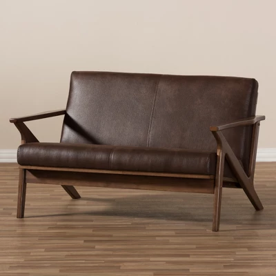 Bianca Mid-Modern Walnut Wood Distressed Faux Leather 2 Seater Loveseat Dark Brown - Baxton Studio 6 Bianca Mid-Modern Walnut Wood Distressed Faux Leather 2 Seater Loveseat Dark Brown - Baxton Studio - Image 6