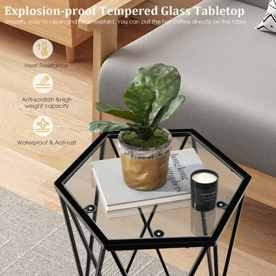 Costway Set Of 2 End Table Tempered Glass Top Metal Frame Hexagonal Accent Side Table 5 Costway Set Of 2 End Table Tempered Glass Top Metal Frame Hexagonal Accent Side Table - Image 5