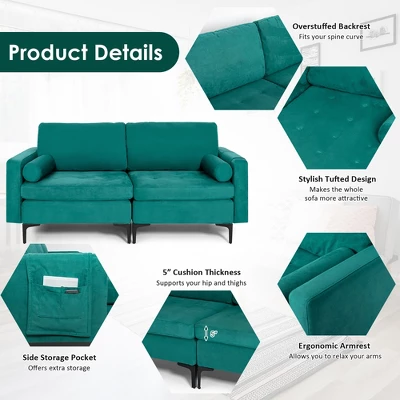 Costway Modern Loveseat 2-Seat Sofa Couch W/ 2 Bolsters Side Storage Pocket Teal 7 Costway Modern Loveseat 2-Seat Sofa Couch W/ 2 Bolsters Side Storage Pocket Teal - Image 7
