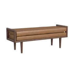 Wood Bench With Upholstered Seat Faux Leather Caramel - HomePop