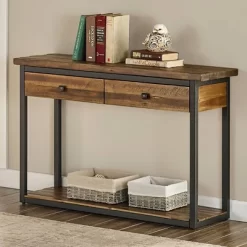Claremont Rustic Wood Console Table With Two Drawers And Low Shelf Dark Brown - Alaterre Furniture