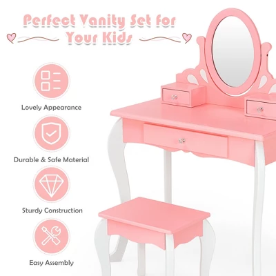 Costway Kids Vanity Princess Makeup Dressing Table Stool Set W/ Mirror Drawer 7 Costway Kids Vanity Princess Makeup Dressing Table Stool Set W/ Mirror Drawer - Image 7