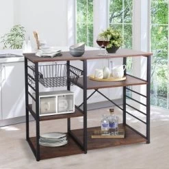 Wood And Metal Bakers Rack With 4 Shelves And Wire Basket Brown/Black - Benzara -Cozy Living Deals Store GUEST 95eb2ce4 d59f 45a6 85a9 d9cb36f56ba4