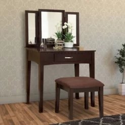 Wooden Vanity Table With 3 Panel Mirror And Padded Stool Brown - Benzara -Cozy Living Deals Store GUEST 9619d486 9469 49f5 901a a7a4f84b9d76