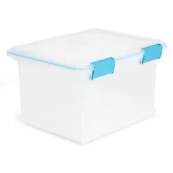 Sterilite 32 Quart Stackable Clear Plastic Storage Tote Container With Blue Gasket Latching Lid For Home And Office Organization, Clear