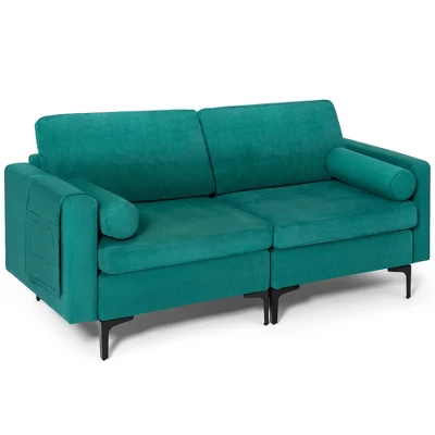 Costway Modern Loveseat 2-Seat Sofa Couch W/ 2 Bolsters Side Storage Pocket Teal 9 Costway Modern Loveseat 2-Seat Sofa Couch W/ 2 Bolsters Side Storage Pocket Teal - Image 9