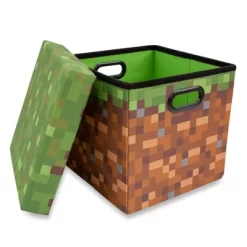 Ukonic Minecraft Grassy Block Fabric Storage Bin Cube Organizer With Lid | 13 Inches