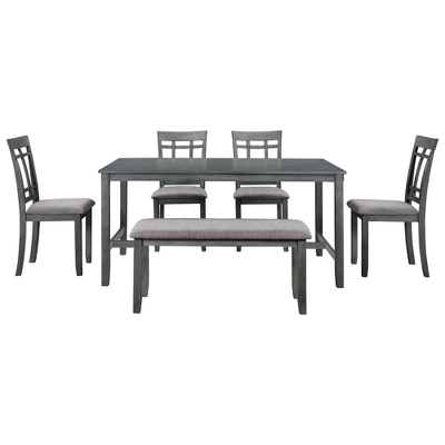 6-Piece Farmhouse Rustic Wooden Dining Table Set With 4 Chairs And Bench, Antique Gray - ModernLuxe 4 6-Piece Farmhouse Rustic Wooden Dining Table Set With 4 Chairs And Bench, Antique Gray - ModernLuxe - Image 4