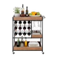 12 Bottles Rustic Walnut Wood And Metal Rolling Farmhouse Style Bar Cart Brown/Black - Danya B. -Cozy Living Deals Store GUEST a0923b20 66ef 40f3 b0e5 476f51174c68