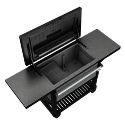 Keter KET-252172 89.8 Quart Outdoor Rolling Patio Cooler And Insulated Beverage Cart With Fold Down Glass Shelf And Built In Bottle Opener, Gray