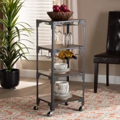 4 Tier Victor Wood And Metal Mobile Wine Cart Walnut/Black - Baxton Studio -Cozy Living Deals Store GUEST a3e46ee2 fb12 4a86 8b54 cbc369d1975a