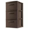 Sterilite 3 Drawer Wicker Weave Decorative Storage Organization Container Cabinet Tower With Driftwood Handles, Espresso (4 Pack)