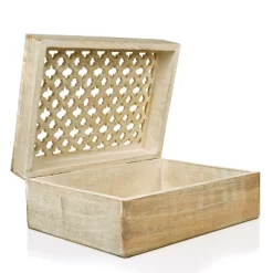 Mela Artisans Wood Keepsake Box With Hinged Lid In Trellis Design White- Extra Large