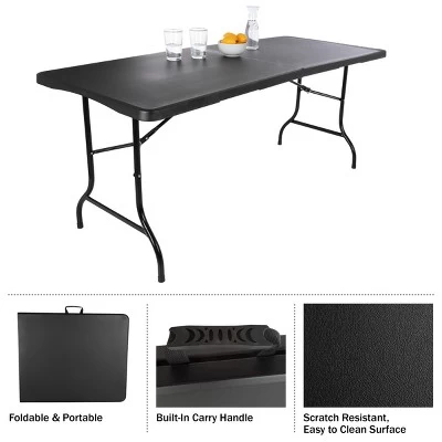 Folding Table Set - Set Of 2 Lightweight Portable Tables - 6-Foot-Long Plastic Tabletops For Camping, Parties, And Dining By Everyday Home (Black) 6 Folding Table Set - Set Of 2 Lightweight Portable Tables - 6-Foot-Long Plastic Tabletops For Camping, Parties, And Dining By Everyday Home (Black) - Image 6