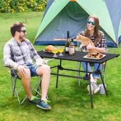 Tangkula Folding Camping Table Collapsible Aluminum Roll Up Beach Table With Carrying Bag 4-Level Adjustable Height Dark/Silver