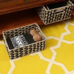 Villacera Rectangle Hand Weaved Wicker Baskets Made Of Water Hyacinth | Nesting Black And Natural Seagrass Bins | Set Of 2 -Cozy Living Deals Store GUEST a95053d2 f789 4e62 a4df 0e6c7b96fe7a