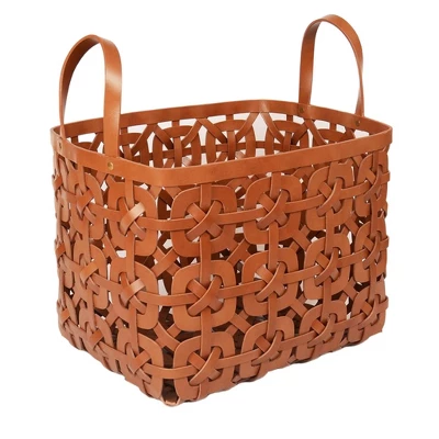 Mela Artisans Natural Small Leather Woven Basket 1 Mela Artisans Natural Small Leather Woven Basket