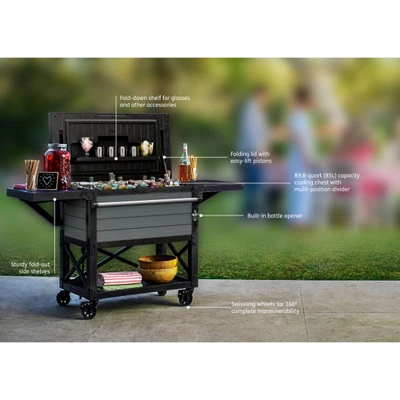 Keter KET-252172 89.8 Quart Outdoor Rolling Patio Cooler And Insulated Beverage Cart With Fold Down Glass Shelf And Built In Bottle Opener, Gray 4 Keter KET-252172 89.8 Quart Outdoor Rolling Patio Cooler And Insulated Beverage Cart With Fold Down Glass Shelf And Built In Bottle Opener, Gray - Image 4