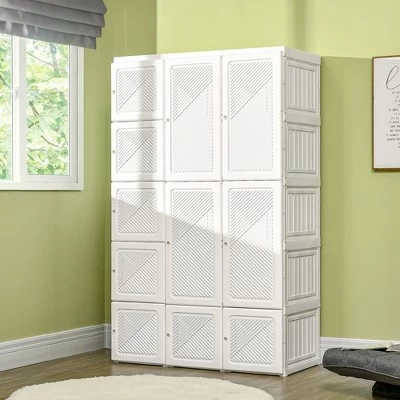 HOMCOM Portable Wardrobe Closet, Bedroom Armoire, Foldable Clothes Organizer With Cube Storage, Hanging Rods, And Magnet Doors, White 1 HOMCOM Portable Wardrobe Closet, Bedroom Armoire, Foldable Clothes Organizer With Cube Storage, Hanging Rods, And Magnet Doors, White